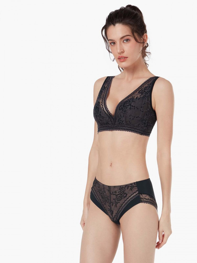 NiTi Shape-Memory Wire Non-padded Lace Plunge Bra (Cup C-D)